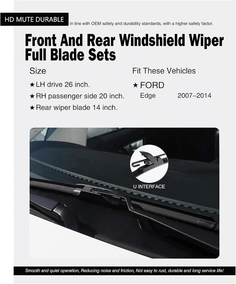 FAPIUO Replacement for Ford Edge 2007-2015, Lincoln MKX 2007-2015 Silent Wipers - Front and Rear Windshield Wipers 26"/20"+14" Full Blade Set (3 Pack) - Image 3
